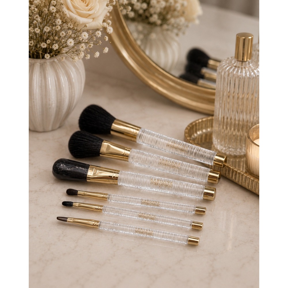 Arbonne International 7 Piece Makeup Brush Set Clear Fluted Acrylic Gold Handles